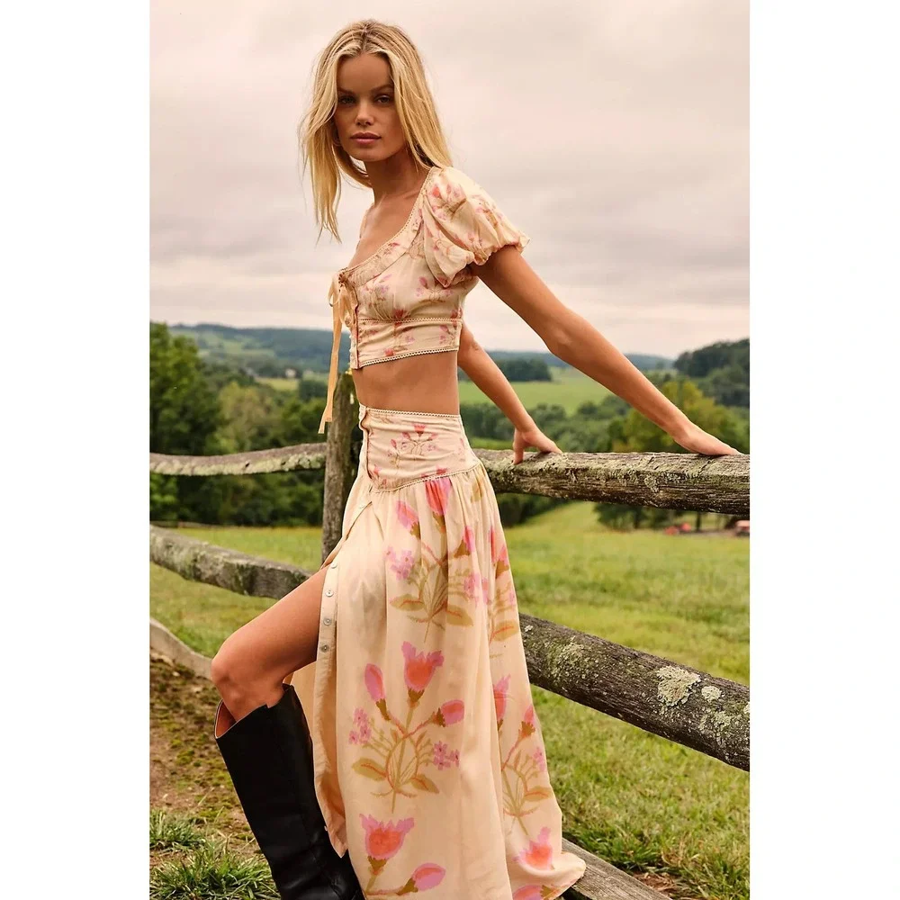Free People Easy to Love Matching Set Cream Pink Floral Crop Top Skirt Medium